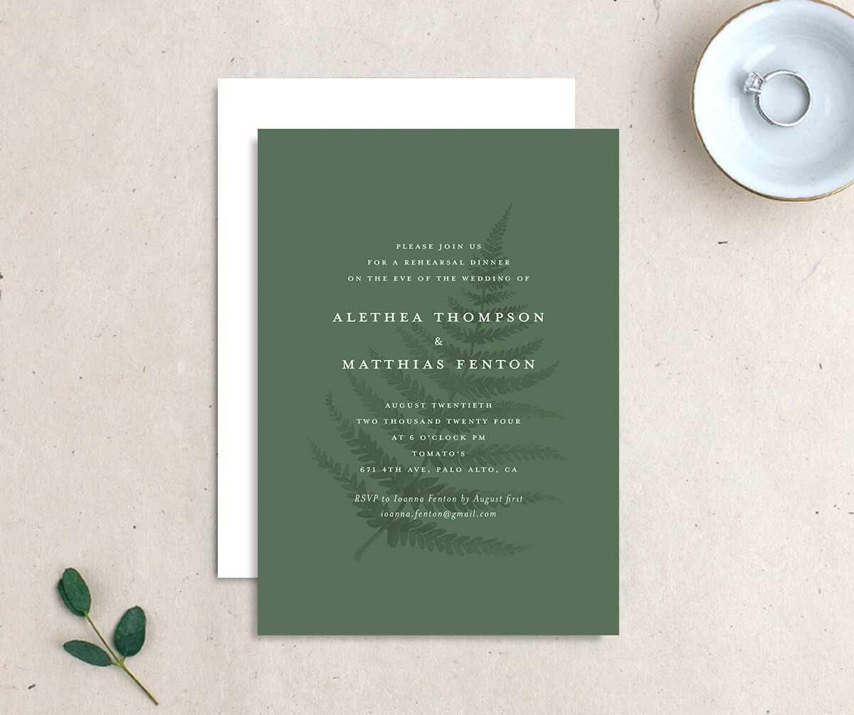 Forever Fern Rehearsal Dinner Invitations front-and-back in Jewel Green