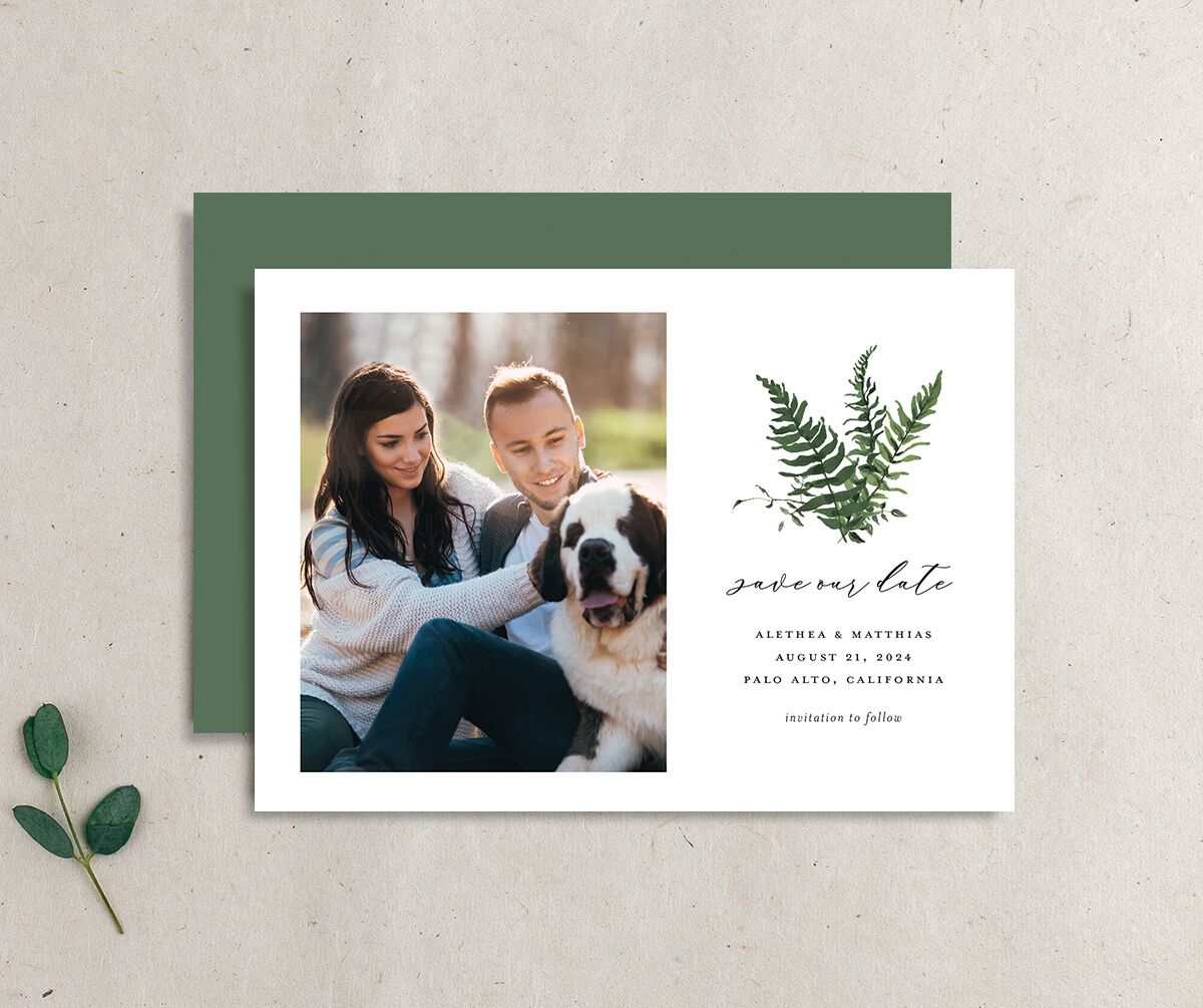 Forever Fern Save the Date Cards front-and-back in Jewel Green