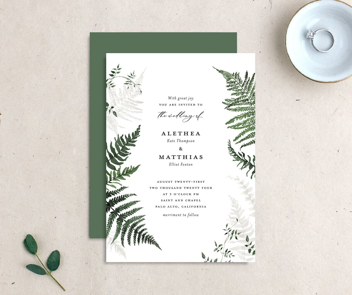 Forever Fern Wedding Invitations front-and-back in Jewel Green