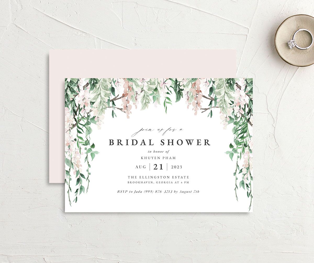Enchanting Wisteria Bridal Shower Invitations front-and-back in Rose Pink