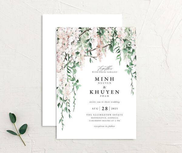 Enchanting Wisteria Wedding Invitations front-and-back in Rose Pink