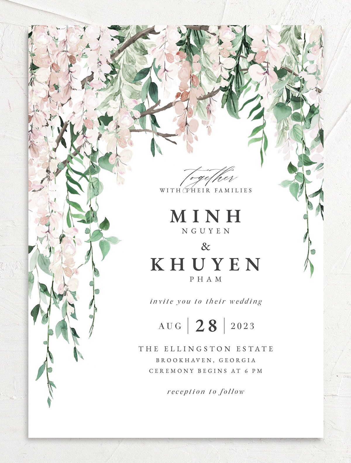 Enchanting Wisteria Wedding Invitations front in Rose Pink
