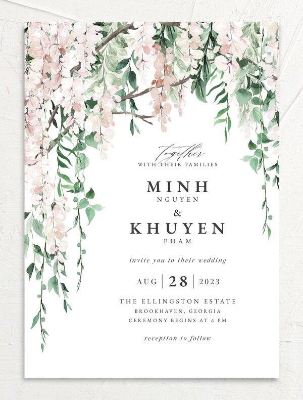 Enchanting Wisteria Wedding Invitations front in Pink