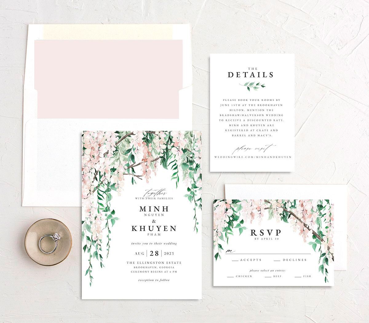 Enchanting Wisteria Wedding Invitations suite in Rose Pink