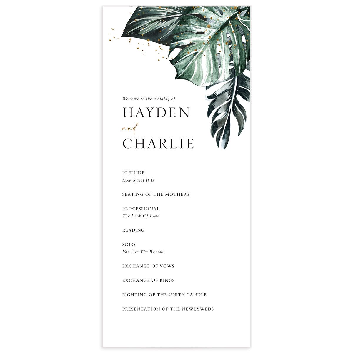 Tropical Foliage Wedding Programs front in Jewel Green
