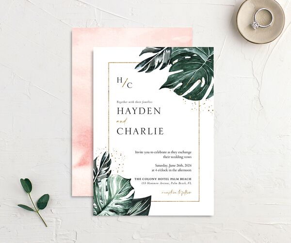 Tropical Foliage Wedding Invitations front-and-back in Green