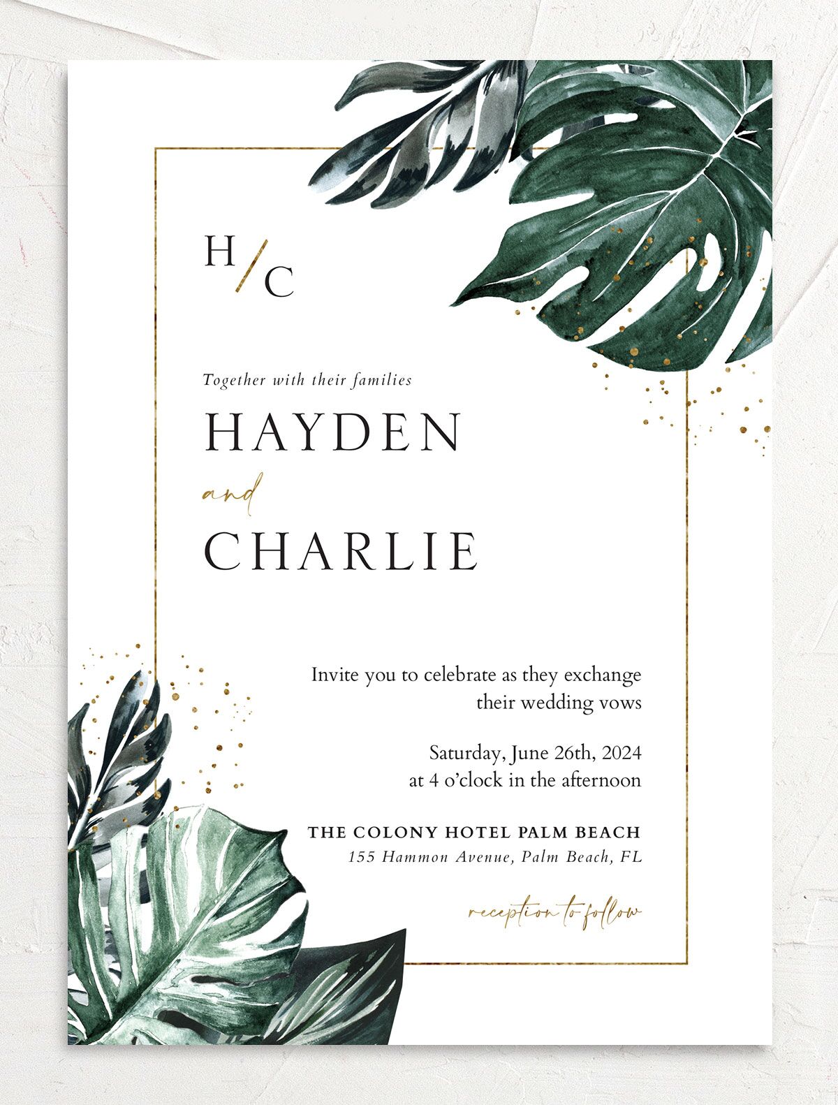 Tropical Foliage Wedding Invitations front in Green