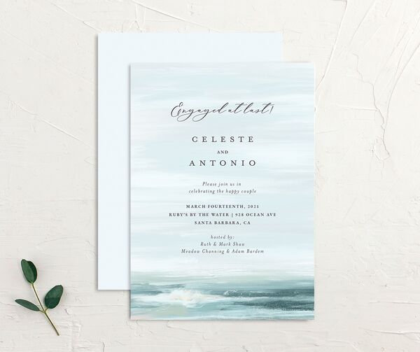 Romantic Shoreline Engagement Party Invitations front-and-back in French Blue