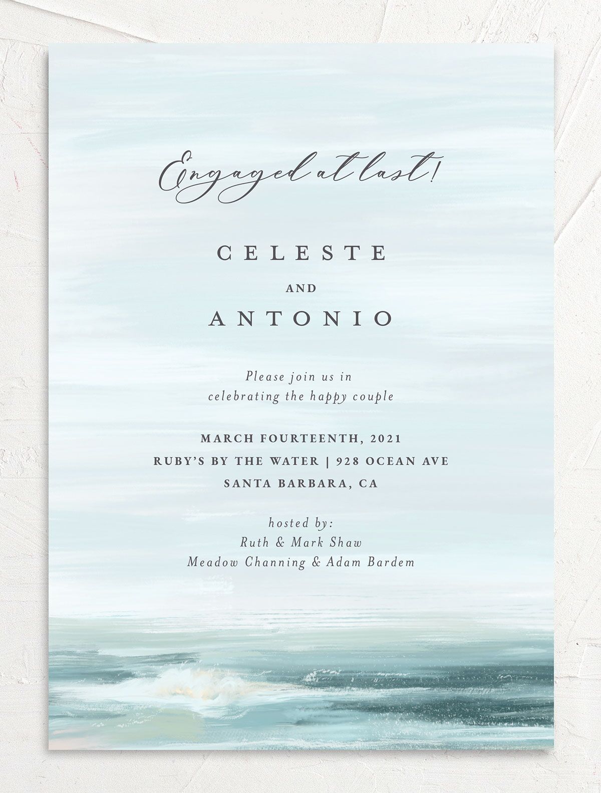 Romantic Shoreline Engagement Party Invitations front in French Blue