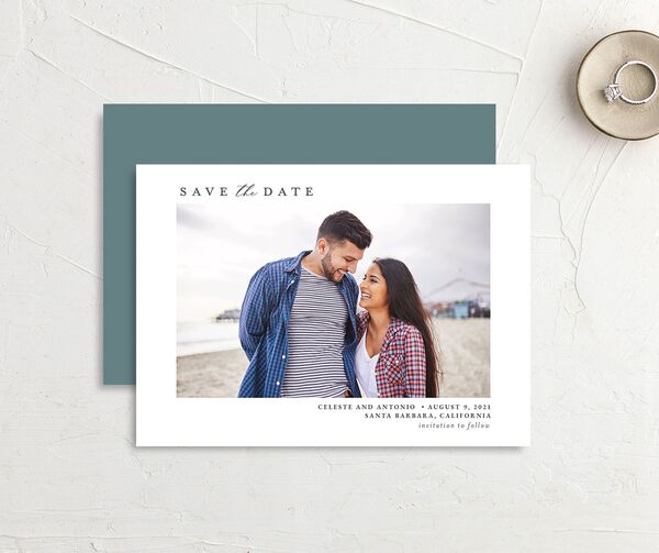 Romantic Shoreline Save the Date Cards front-and-back in French Blue