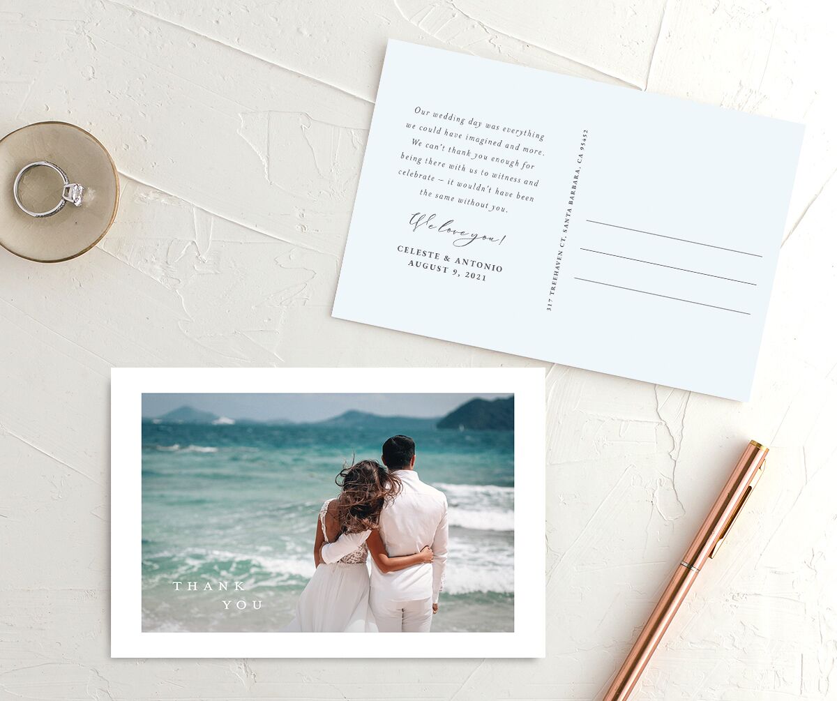 Romantic Shoreline Thank You Postcards front-and-back in French Blue