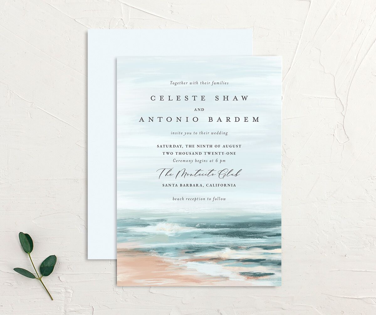 Romantic Shoreline Wedding Invitations front-and-back in French Blue