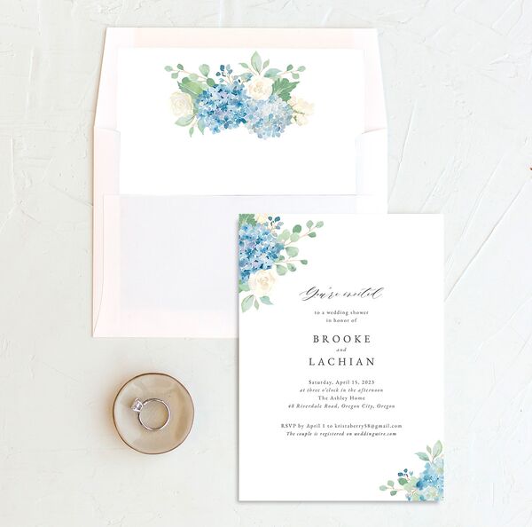Watercolor Hydrangea Bridal Shower Invitations envelope-and-liner in French Blue