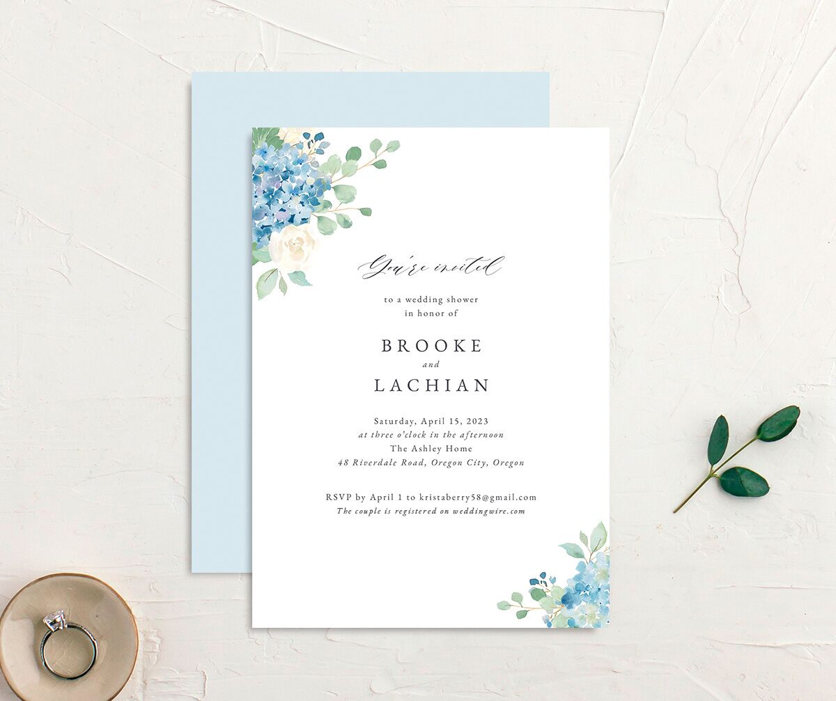 Watercolor Hydrangea Bridal Shower Invitations front-and-back in French Blue