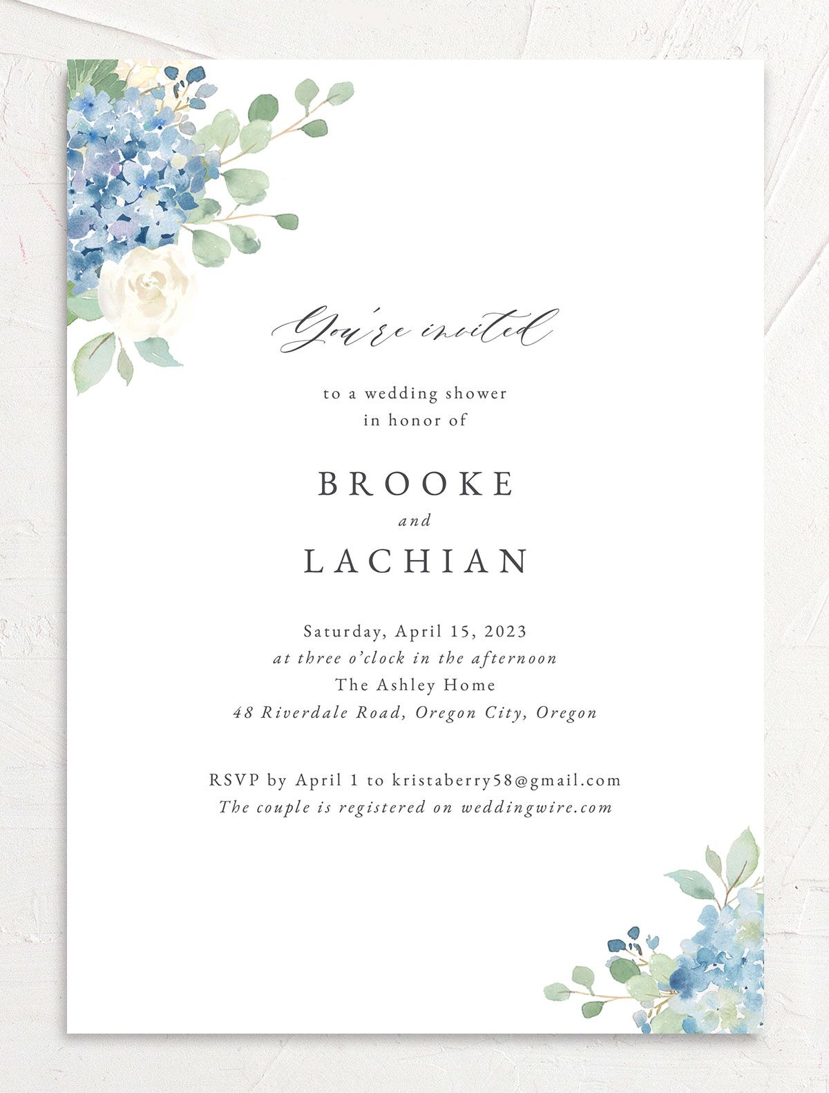 Watercolor Hydrangea Bridal Shower Invitations front in French Blue