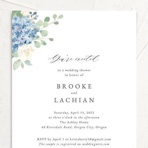 Watercolor Hydrangea Bridal Shower Invitations - French Blue
