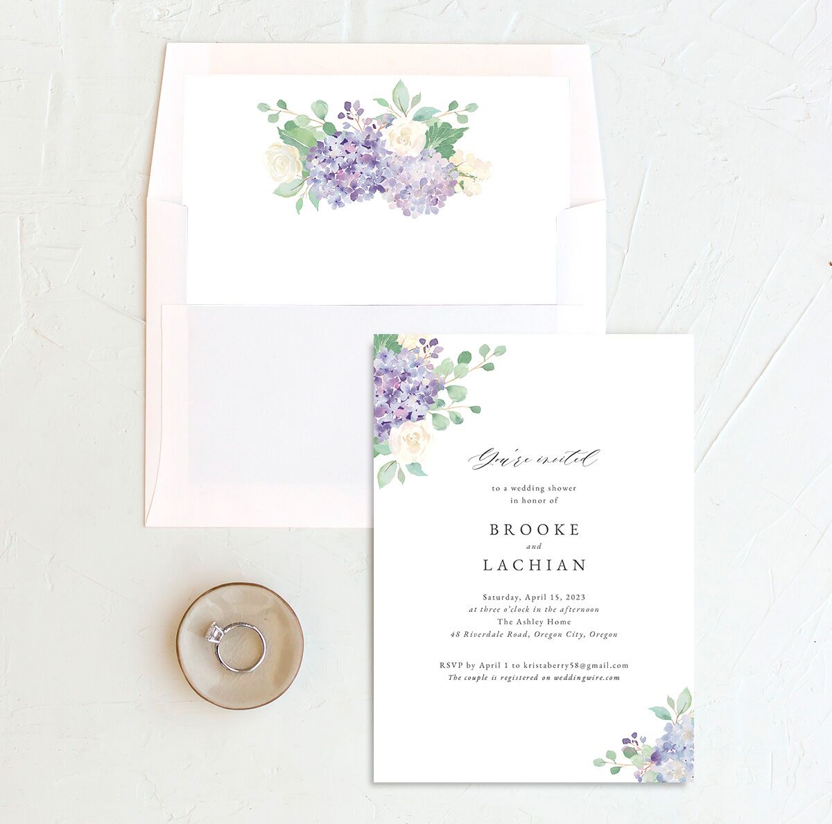 Watercolor Hydrangea Bridal Shower Invitations envelope-and-liner in Lilac