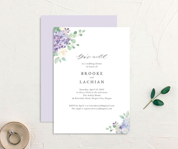 Watercolor Hydrangea Bridal Shower Invitations front-and-back in Lilac