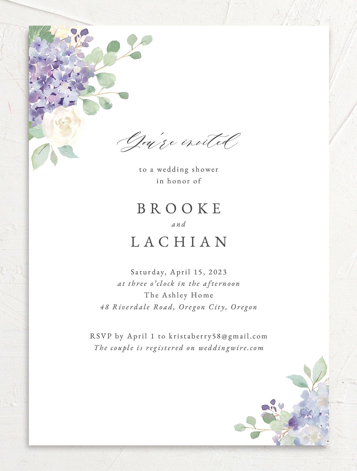 Watercolor Hydrangea Bridal Shower Invitations front in Lilac