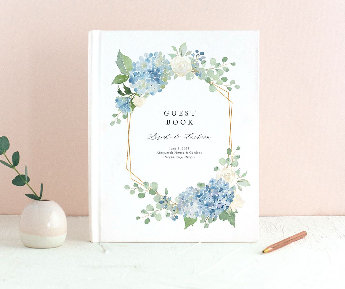 Watercolor Hydrangea Wedding Guest Book front in French Blue