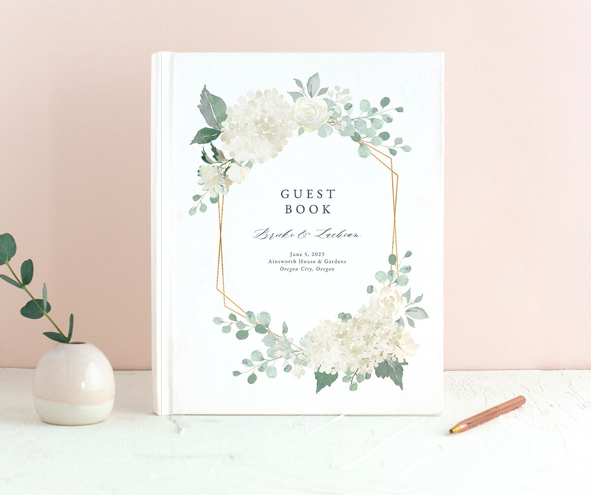 Watercolor Hydrangea Wedding Guest Book front in White