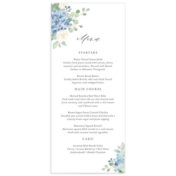 Watercolor Hydrangea Menus front in French Blue