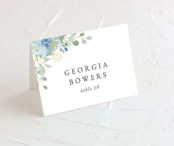 Watercolor Hydrangea Place Cards front in French Blue