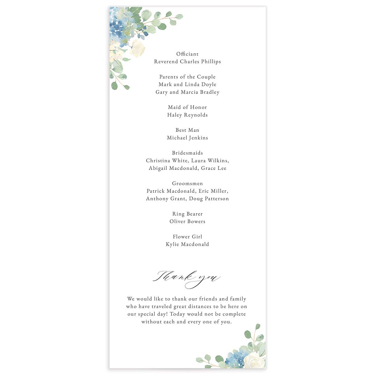 Watercolor Hydrangea Wedding Programs back in French Blue