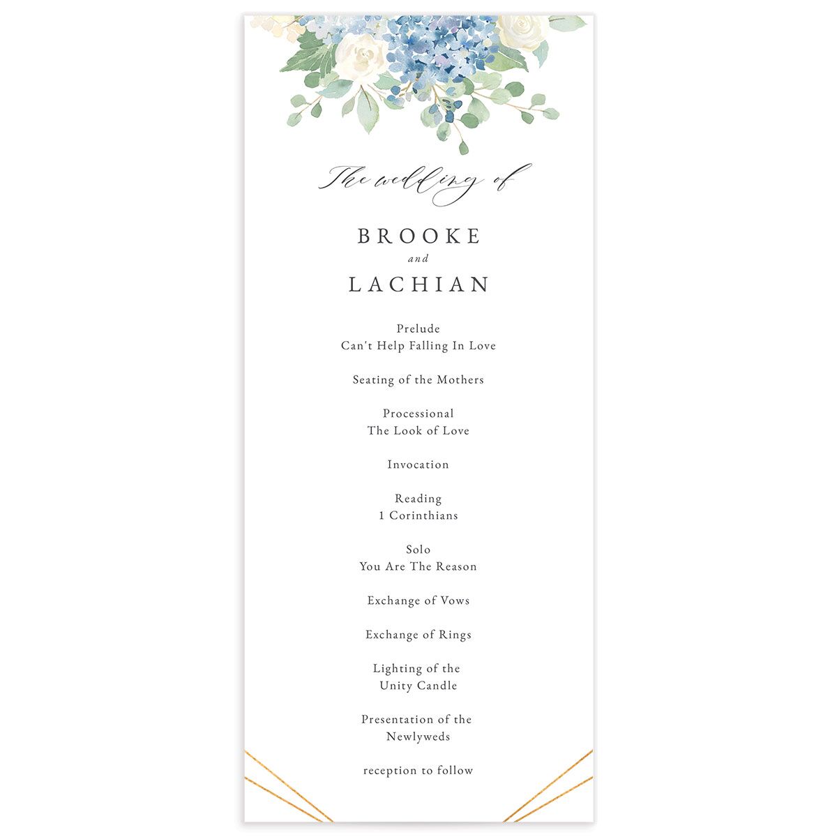 Watercolor Hydrangea Wedding Programs front in French Blue