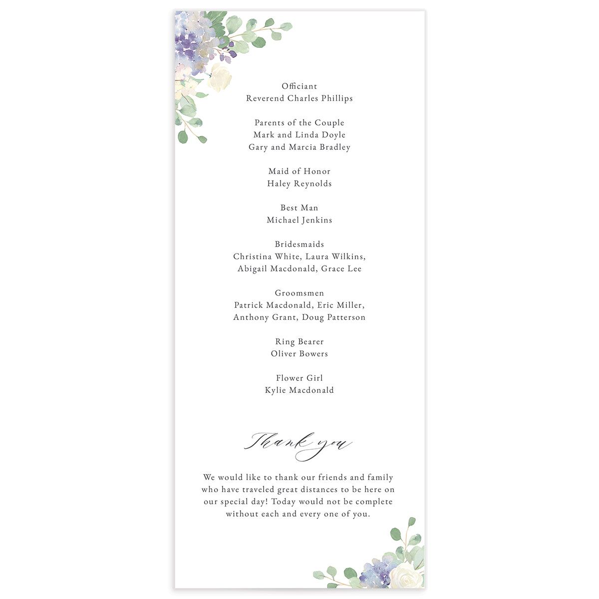 Watercolor Hydrangea Wedding Programs back in Lavender