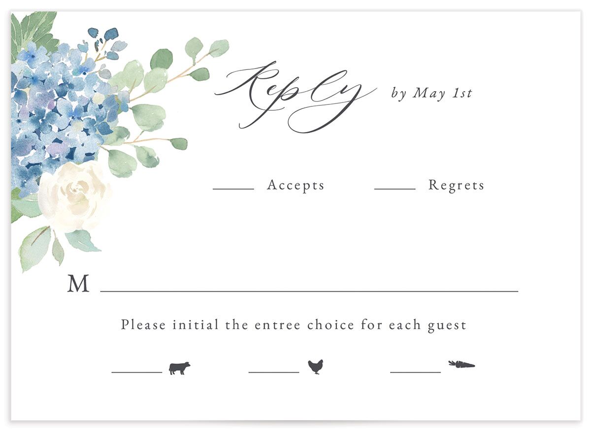Watercolor Hydrangea Wedding Response Cards front in French Blue