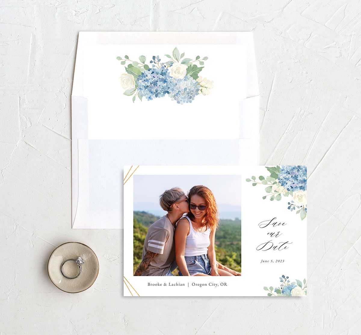 Watercolor Hydrangea Save the Date Cards envelope-and-liner in French Blue