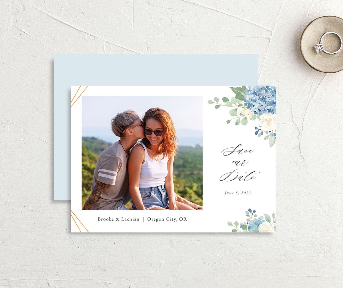 Watercolor Hydrangea Save the Date Cards front-and-back in French Blue
