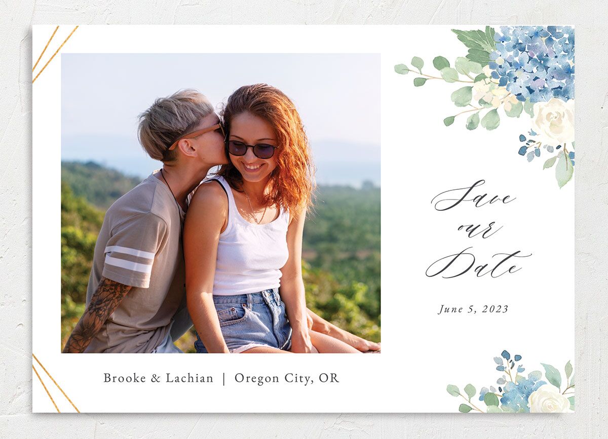 Watercolor Hydrangea Save the Date Cards front in French Blue