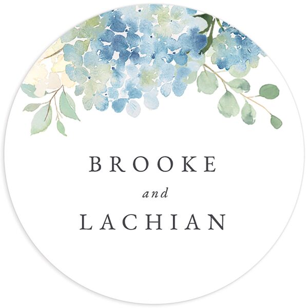 Watercolor Hydrangea Wedding Stickers front in French Blue