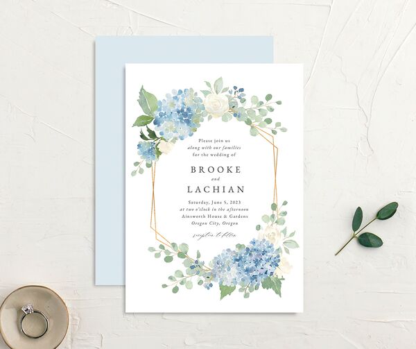 Watercolor Hydrangea Wedding Invitations front-and-back in French Blue