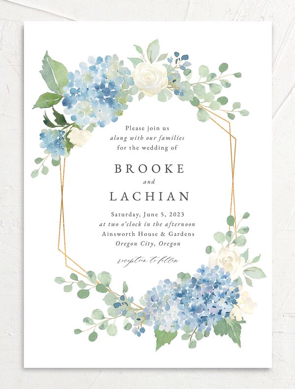 Watercolor Hydrangea Wedding Invitations front in Blue