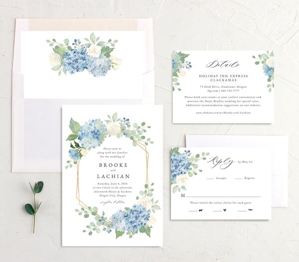 Watercolor Hydrangea Wedding Invitations suite in French Blue