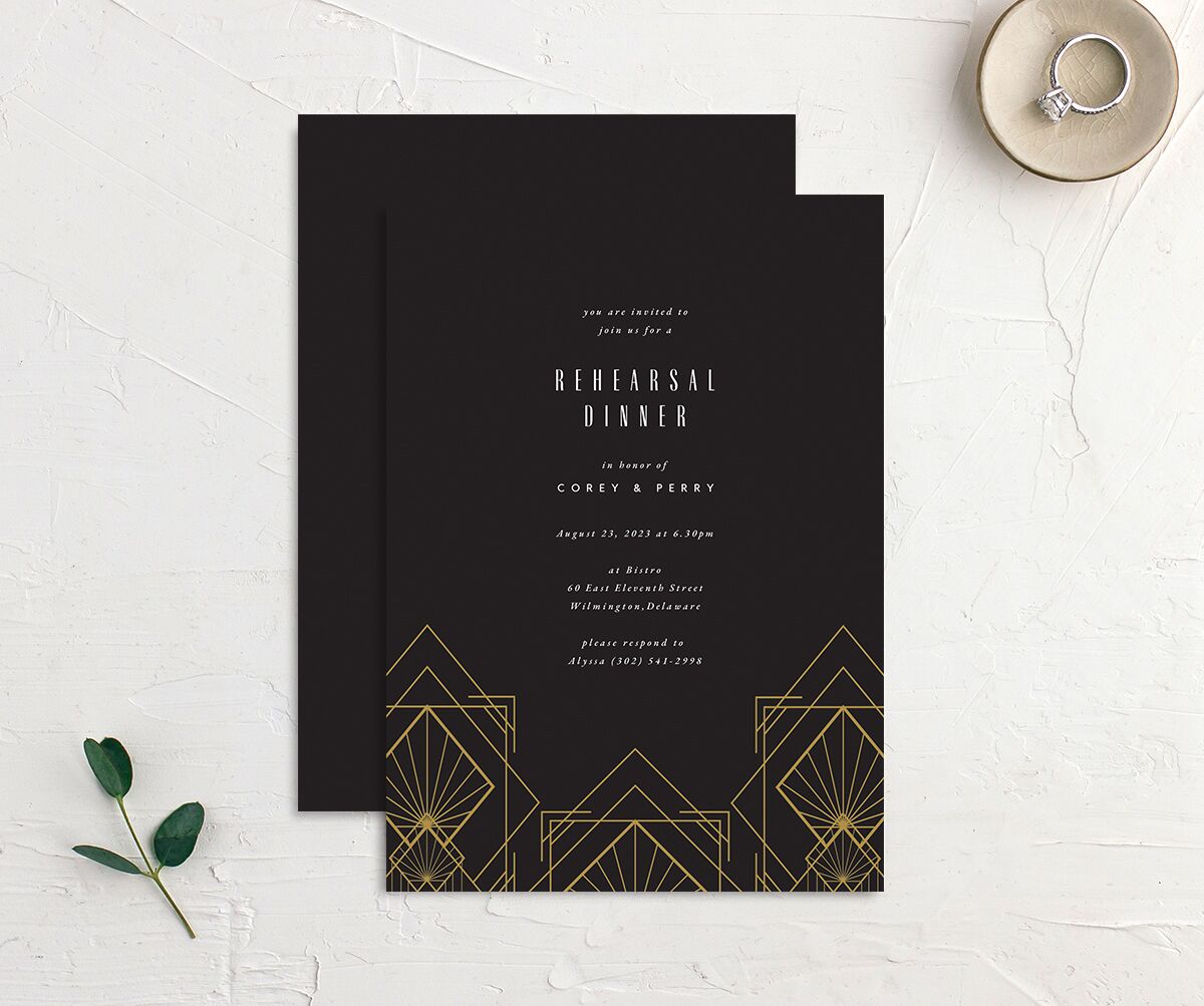 Statement Deco Rehearsal Dinner Invitations front-and-back in Black