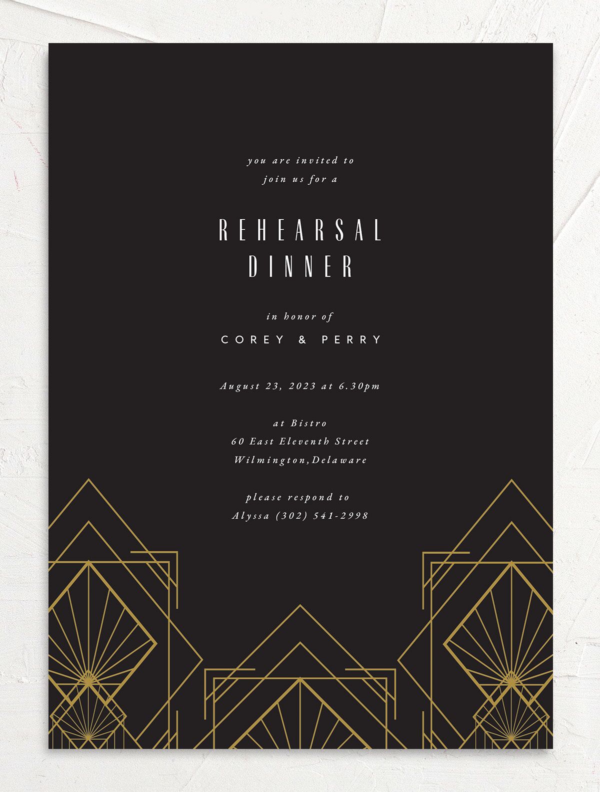 Statement Deco Rehearsal Dinner Invitations front in Black