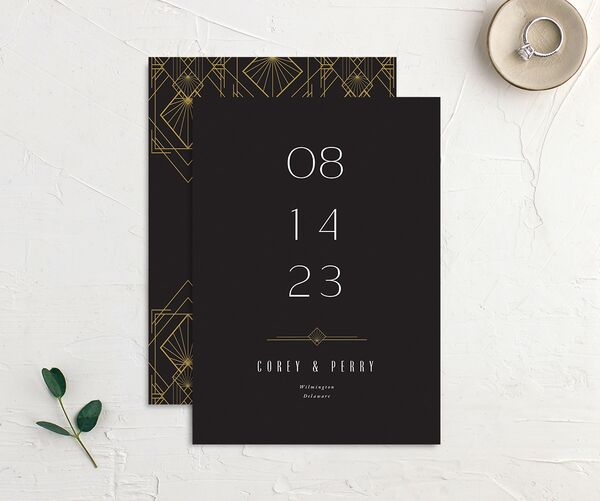 Statement Deco Save the Date Cards front-and-back in Midnight