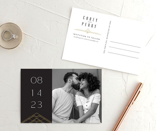 Statement Deco Save the Date Postcards front-and-back in Midnight