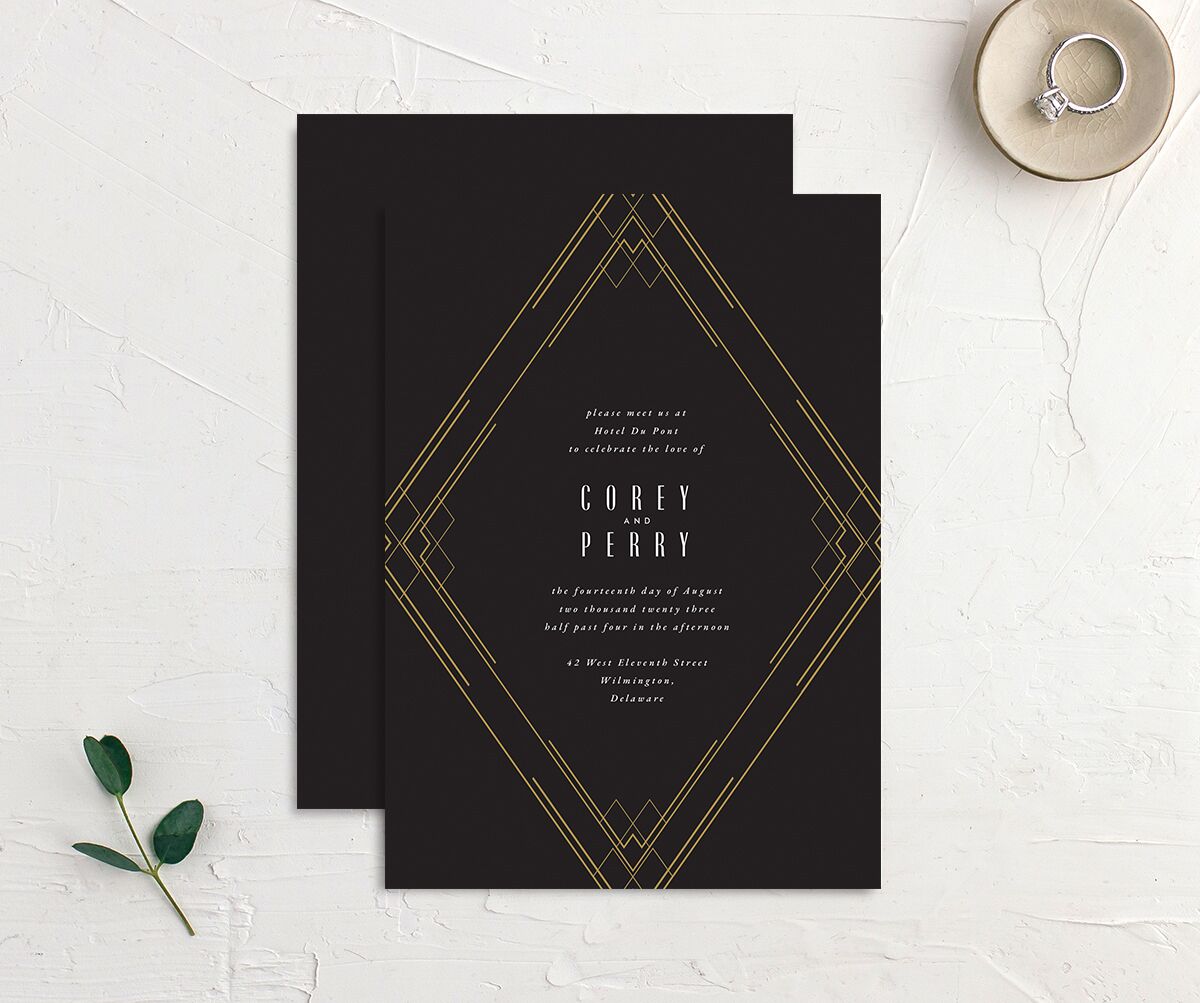 Statement Deco Wedding Invitations front-and-back in Black