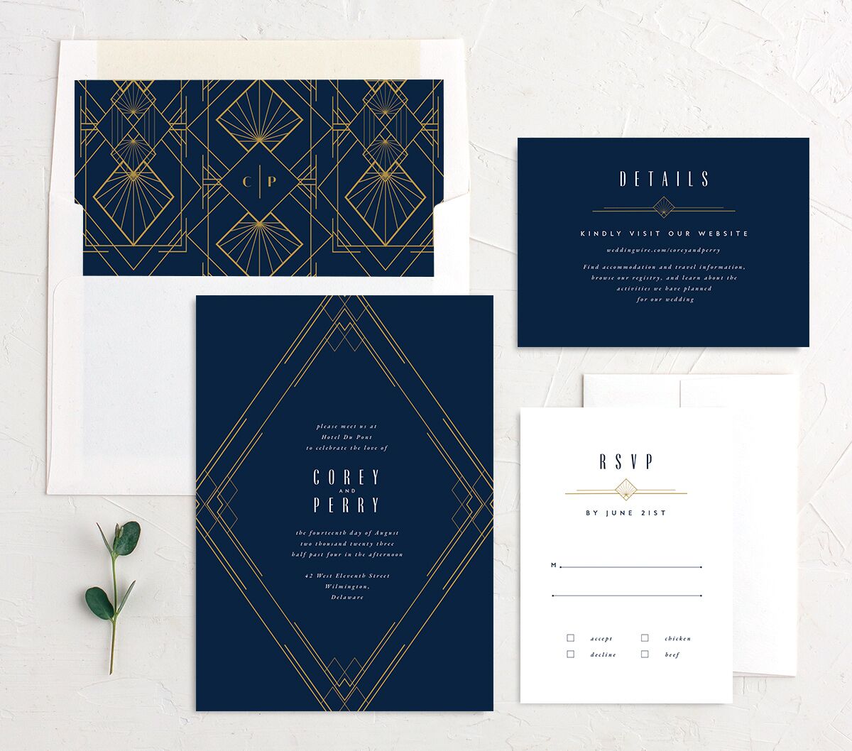Statement Deco Wedding Invitations suite in French Blue
