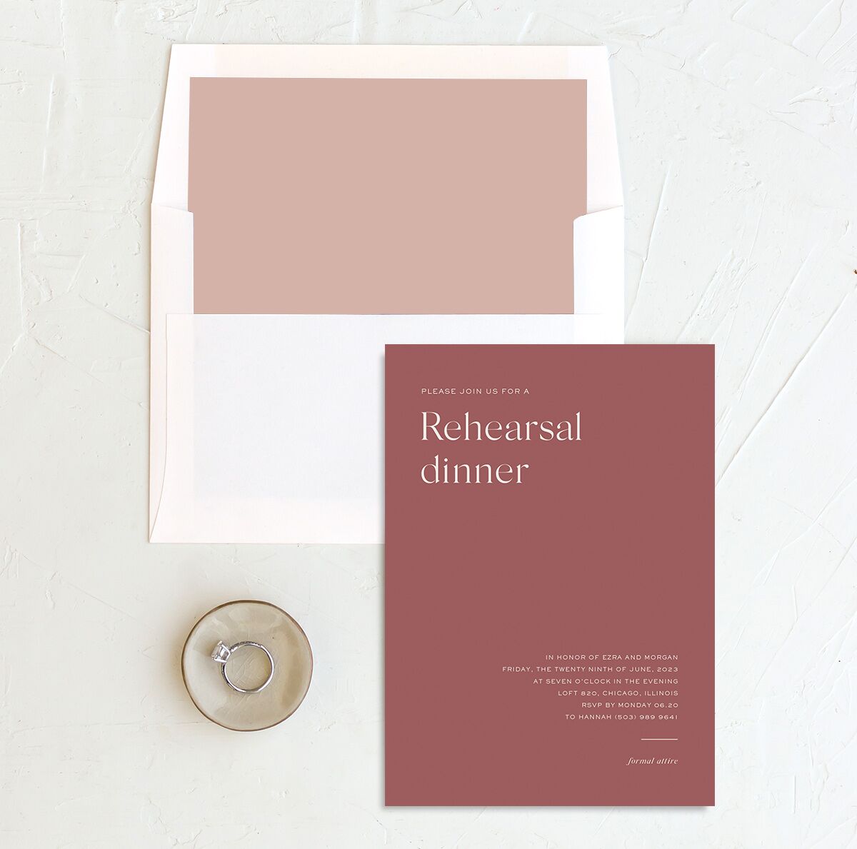 Modern Love Rehearsal Dinner Invitations envelope-and-liner in Rose Pink