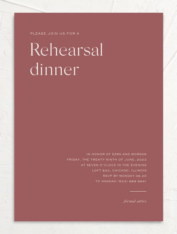 Modern Love Rehearsal Dinner Invitations front in Rose Pink