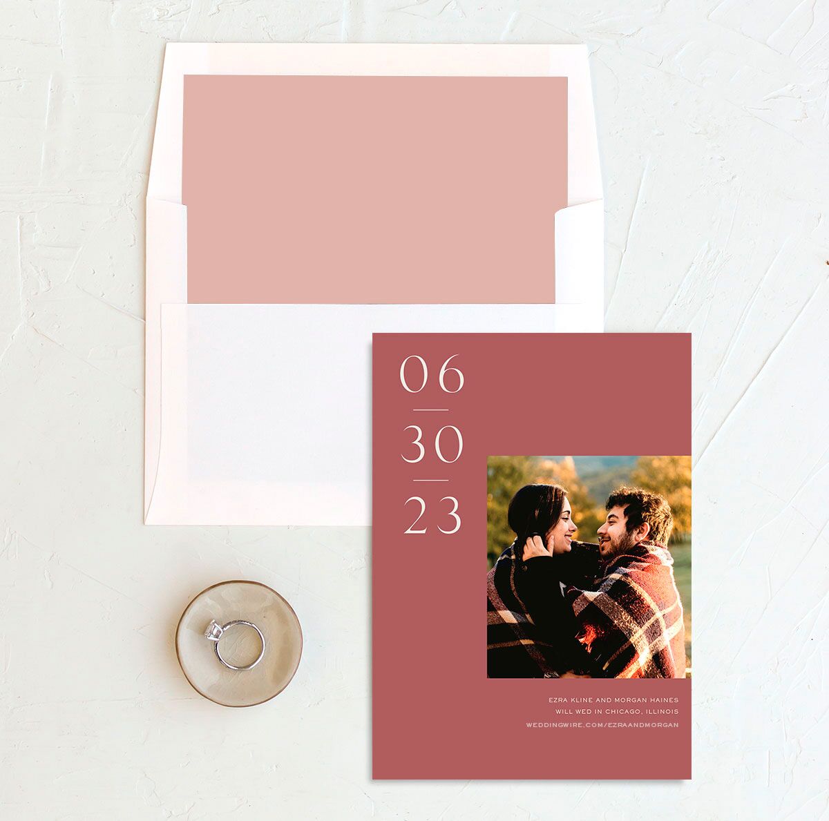 Modern Love Save the Date Cards envelope-and-liner in Pink