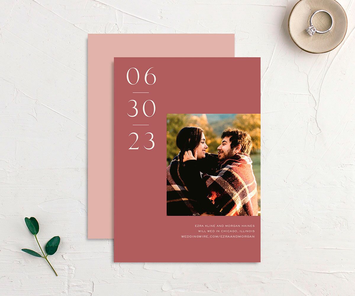 Modern Love Save the Date Cards front-and-back in Pink