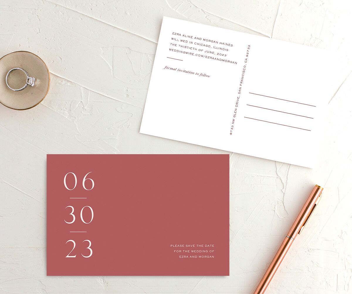 Modern Love Save the Date Postcards front-and-back in Rose Pink