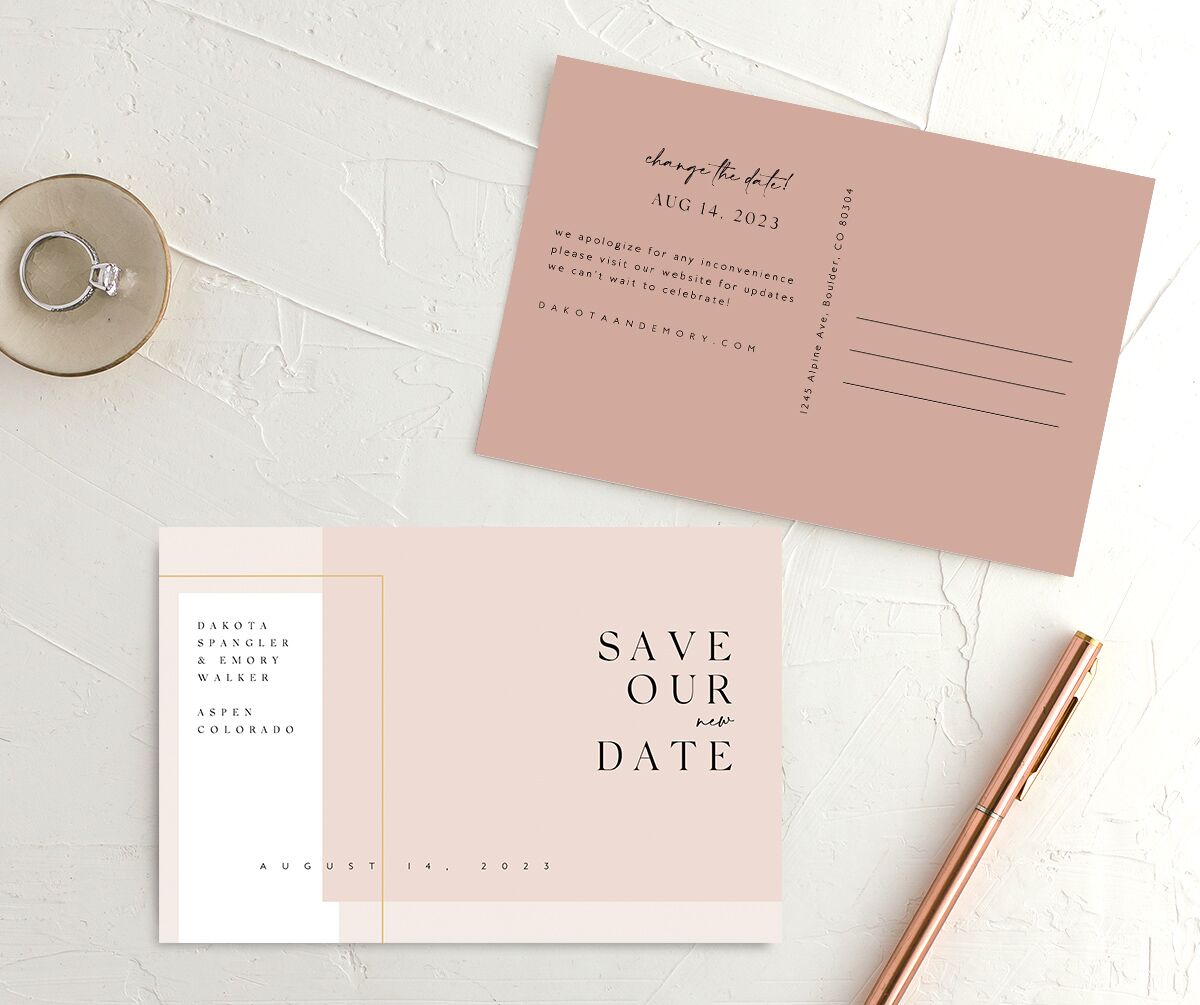Elegant Type Change the Date Postcards front-and-back in Rose Pink